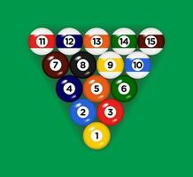 biljart, zwembad ballen met getallen verzameling. 3d voorwerpen realistisch glanzend snooker bal. groen achtergrond illustratie vector
