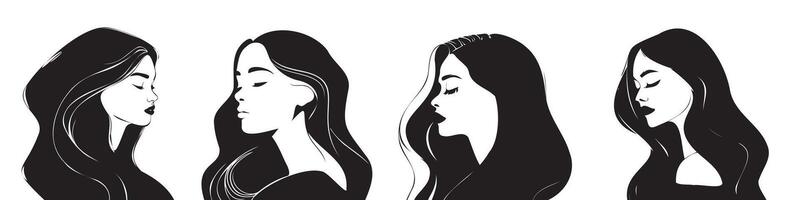 reeks van vrouw portret silhouet van hoofd, haar, gezicht profiel, vignet. hand- getrokken zwart illustratie Aan wit achtergrond vector
