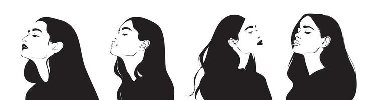 reeks van vrouw portret hoofd silhouet, gezicht profiel, vignet. hand- getrokken zwart illustratie Aan wit achtergrond. ontwerp voor uitnodigingen, kaarten vector