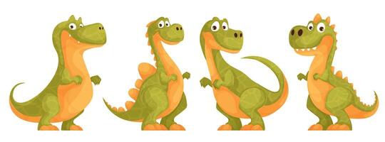 reeks van groen schattig dinosaurussen. een grappig en grappig tekenfilm dinosaurus met een eigenzinnig kijken en geel balans poseert. prehistorisch, primitief dier afgebeeld voor kinderen, kaarten en afdrukken. vector