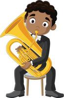 tekenfilm weinig jongen spelen een tuba vector