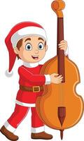 tekenfilm weinig jongen in rood de kerstman kleren spelen cello vector