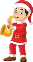 tekenfilm weinig jongen in rood de kerstman kleren spelen gouden trompet vector