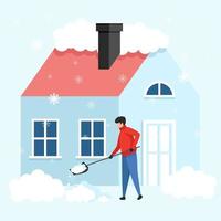 man met een schop verwijdert sneeuw van het dak van het huis. sneeuwvrij maken van het gebied bij hevige sneeuwval. vector illustratie