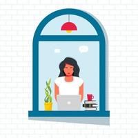 vrouw die op laptop werkt vanuit het raam van de straat. zakenvrouw die thuis op afstand werkt, zittend op een laptop op een vensterbank. opsluiting, quarantaine. freelance, online studeren, thuiswerken concept vector