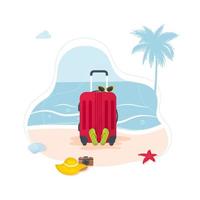 zomervakantie webbanner. rode koffer met reizigersaccessoires. rode reiskoffer op tropisch strand. strandhoed, zonnebril, pantoffels. vakantie vectorillustratie geïsoleerde banner. vector