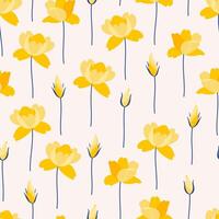 naadloos patroon van geel bloemen Aan een beige achtergrond. bloesems en knoppen. zomer helder bloemen illustratie. wilde bloemen kleding stof, voorjaar botanisch afdrukken vector