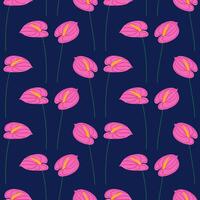 anthurium roze bloemen, naadloos patroon. zomer bloemen illustratie Aan een donker achtergrond. helder voorjaar botanisch afdrukken, modern stijl ontwerp vector