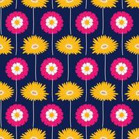 naadloos patroon met gerbera en zinnia bloemen Aan een donker blauw achtergrond. zomer helder bloemen illustratie. voorjaar botanisch afdrukken, modern stijl ontwerp vector