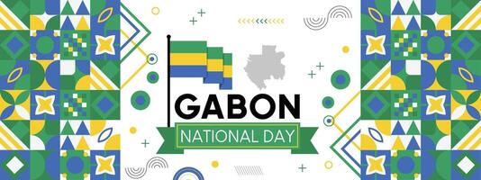 Gabon nationaal of onafhankelijkheid dag banier voor land viering. vlag en kaart van Gabon modern retro ontwerp met typorgaphy abstract meetkundig pictogrammen. vector