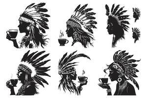 inheems Amerikaans tribal chef hoofdtooi veren silhouet, Amerikaans Indisch chef, mooi meisje vervelend een Indisch chef hoofddeksel. vector