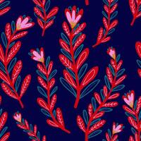 een patroon met rood en blauw bloemen Aan een donker blauw achtergrond vector