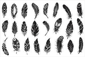 rustiek etnisch decoratief veren reeks zwart silhouet, verzameling van hand getekend veren, reeks van decoratief dier veren, vogel veer icoon silhouet verzameling vector