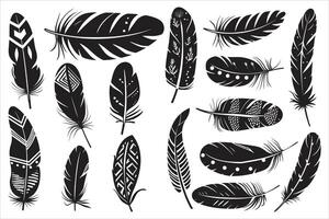 rustiek etnisch decoratief veren reeks zwart silhouet, verzameling van hand getekend veren, reeks van decoratief dier veren, vogel veer icoon silhouet verzameling vector