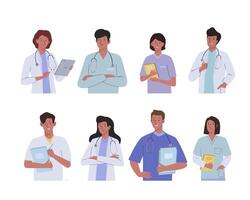 team artsen en verpleegsters reeks Aan een wit achtergrond. medisch personeel tekens in uniform. vlak tekenfilm geïsoleerd illustratie vector