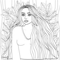 mooi meisje met lang haar- omringd door ongebruikelijk gebladerte. schattig illustratie voor kleur Pagina's. zwart schets Aan een wit achtergrond, schetsen, lijn kunst. vector