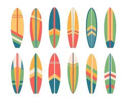 reeks van surfplanken. zomer surfboard elementen in kleurrijk patroon ontwerp geïsoleerd Aan wit achtergrond. vector