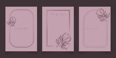 reeks van kader Sjablonen in minimaal lineair stijl met hand- getrokken magnolia bloem. elegant bloemen lijn kunst grens voor voor etiketten, bruiloft uitnodiging, logo opslaan de datum, schoonheid of kunstmatig industrie. vector