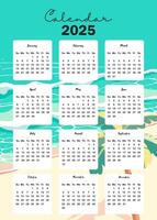 2025 tafel jaarlijks kalender week begin Aan zondag met strand dat gebruik voor verticaal digitaal en afdrukbare a4 a5 grootte vector