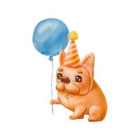waterverf tekenfilm grappig hond en blauw ballon. schattig Frans bulldog met feestelijk hoed voor verjaardag kaarten vector