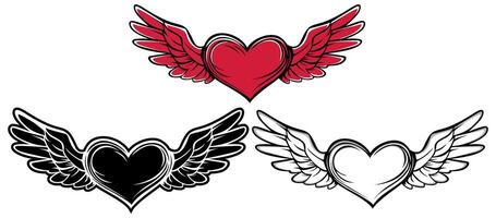 reeks hand- getrokken hart met vleugel icoon. engel liefde vlieg vector