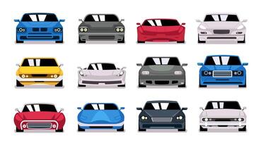 stedelijk auto voorkant. frontaal visie van modern sedan voertuig, auto voorkant auto onderdelen icoon, divers voertuig vlak tekenfilm taxi taxi. geïsoleerd reeks vector