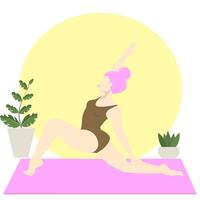 sportief jong vrouw aan het doen yoga geschiktheid opdrachten Aan de mat, in de buurt planten. gezond levensstijl. verzameling van vrouw tekenfilm tekens demonstreren divers yoga standen geïsoleerd Aan wit achtergrond vector