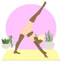 sportief zwart jong vrouw aan het doen yoga geschiktheid opdrachten Aan de mat, in de buurt planten. gezond levensstijl. verzameling van vrouw tekenfilm tekens demonstreren divers yoga standen geïsoleerd Aan wit vector