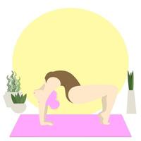 sportief jong vrouw aan het doen yoga geschiktheid opdrachten Aan de mat, in de buurt planten. gezond levensstijl. verzameling van vrouw tekenfilm tekens demonstreren divers yoga standen geïsoleerd Aan wit achtergrond vector