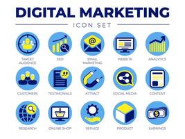 kleur ronde digitaal afzet icoon set. doelwit publiek, seo, e-mail marketing, website, analyse, klanten, getuigenissen, aantrekken, sociaal media, inhoud, pictogrammen. vector