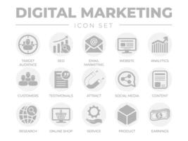 ronde digitaal afzet icoon set. seo, e-mail marketing, web ontwerp, analyse, publiek, klanten, getuigenissen, aantrekken, sociaal marketing, enz pictogrammen. vector