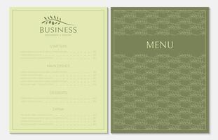 menu kaart ontwerp voor restaurant in groen en geel kleur en olijf- logo vector