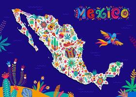 Mexico kaart met Mexicaans nationaal symbolen, voedsel vector