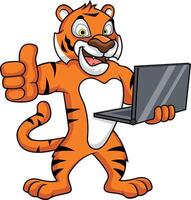 tijger Holding een laptop terwijl maken een duimen omhoog gebaar illustratie vector