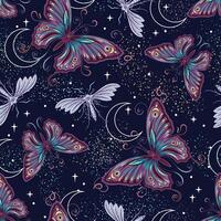 mysterieus naadloos patroon met fantasie gekleurde vlinder, motten, halve maan maan, sterren, ster stof. kunst nouveau stijl. wijnoogst stijl. vector