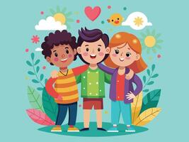 gelukkig vriendschap dag schattig tekenfilm illustratie met jongens en meisjes zetten hun handen in vlak stijl vector