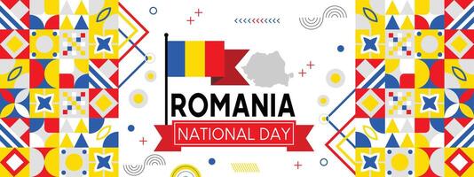 Roemenië nationaal dag banier met Roemeense vlag kleuren thema achtergrond en meetkundig abstract retro modern blauw geel rood ontwerp. vector