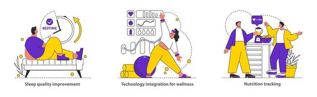 welzijn toezicht houden reeks illustreert verbeterd slaap, technisch geoptimaliseerd Gezondheid, en nauwkeurig voeding bijhouden pleitbezorgers voor uitgebreid welzijn illustratie vector