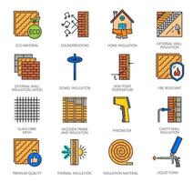 muur thermisch isolatie pictogrammen, mineraal wol, gereedschap vector