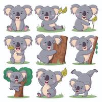reeks van schattig grijs koala beer in verschillend poses aan het eten slapen bladeren tekenfilm dier ontwerp vlak illustratie geïsoleerd Aan wit achtergrond vector
