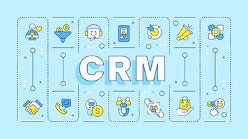 crm turkoois woord concept. klant gegevens. sociaal media verloving. bedrijf intelligentie. typografie spandoek. illustratiemet titel tekst, bewerkbare pictogrammen kleur vector