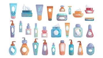 reeks van divers crèmes en shampoo's voor gezicht en lichaam in pakketjes van verschillend vormen, pictogrammen en illustraties in een vlak tekenfilm stijl, huid zorg, verzameling van schoonheid artikelen, flessen, containers, potten. vector