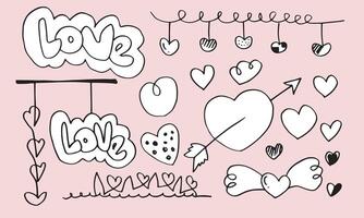 hand- getrokken doodles reeks voor Valentijnsdag dag. verzameling van mooi harten en geschriften liefde Aan wit achtergrond. vector