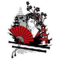 man met lang haar, een rode waaier in zijn hand in de stijl van manga en anime, tegen de achtergrond van pagodes en kersenbloesems. vector