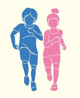een jongen en een meisje rennen samen tekenfilm grafisch vector