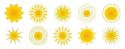 zon met verschillend varianten van stralen, set. zomer. kleur tekening vector