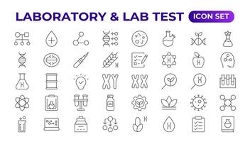 wetenschap en Onderzoek lijn pictogrammen verzameling. dun schets pak. drug testen, wetenschappelijk ontdekking ziekte het voorkomen tekens. medisch gezondheidszorg, dokter pictogrammen. chemisch formule, chemie testen laboratorium. vector