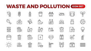 klimaat verandering icoon set. met globaal opwarming, serre, smelten ijs, aarde verontreiniging en ramp pictogrammen. verspilling sorteren, recyclen. lineair verzameling. schets verzameling set. vector