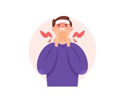 illustratie van een Mens wie voelt pijn in zijn nek. symptomen van glandulair koorts. gezwollen lymfe knooppunten of amandelen, zeer keel, pijn wanneer slikken. Gezondheid en ziekte. karakter illustratie. grafisch vector
