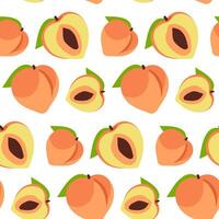 een patroon van gekleurde perziken, geheel en in sectie. delicaat kleuren, gedetailleerd textuur, realistisch schaduw van fruit met bladeren. illustratie in een paar. gekleurde delicaat fruit zijn gemarkeerd vector